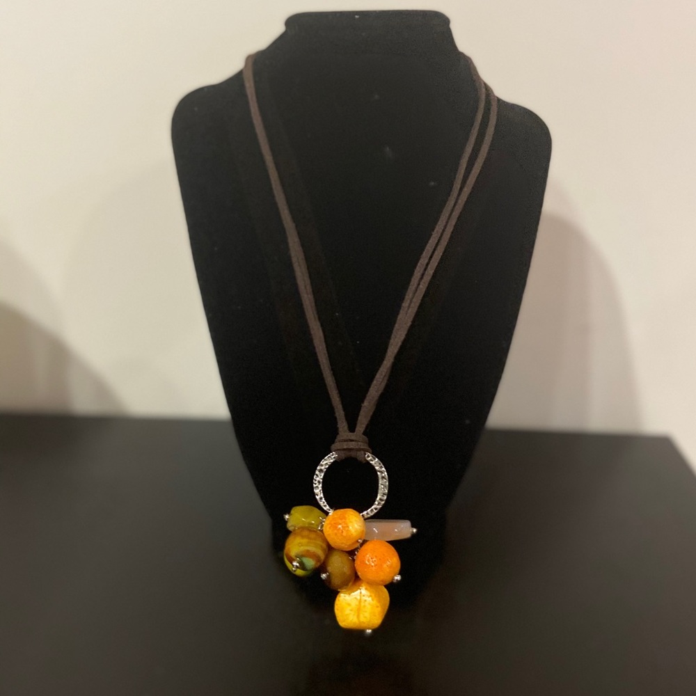 Coral Stone & Suede Strap Necklace